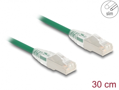 Delock RJ45 Network Cable Cat.6A plug to plug with curved latch U/FTP Slim 0.3 m green