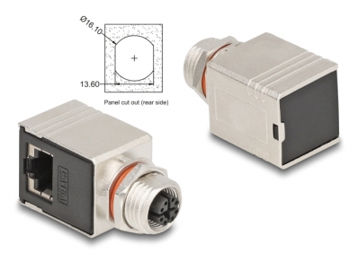 Delock M12 Adapter X-coded 8 pin female to RJ45 jack Cat.6A STP shielded 90° angled