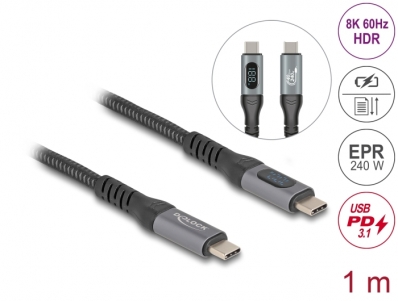 Delock USB 40 Gbps Data and Fast Charging Coaxial Cable 1 m 8K 60 Hz USB PD 3.1 Extended Power Range 240 W