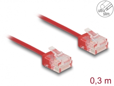 Delock RJ45 Network Cable Cat.6 UTP Ultra Slim 0.3 m red with short plugs