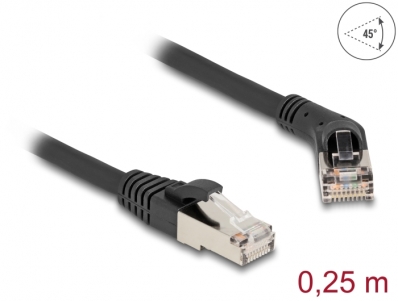 Delock RJ45 Network Cable Cat.6A S/FTP plug 45° right angled to plug straight 0.25 m black