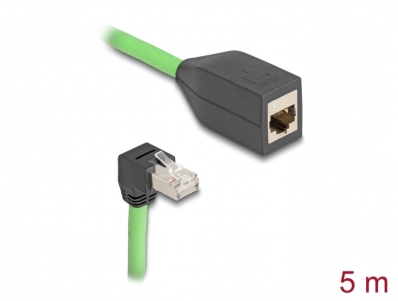 Delock RJ45 Network Extension Cable Cat.6A plug downwards angled to jack SF/UTP suitable for drag chains PUR (TPU) 5 m green