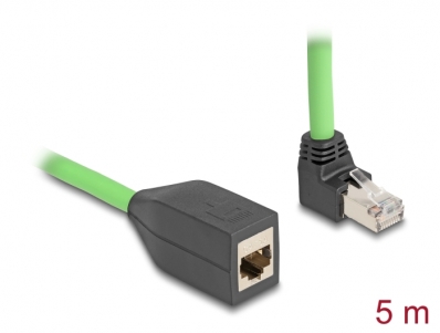 Delock RJ45 Network Extension Cable Cat.6A plug upwards angled to jack SF/UTP suitable for drag chains PUR (TPU) 5 m green