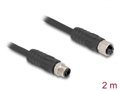 Delock M12 Cable L-coded 4 pin male to female PUR suitable for drag chains 2 m black