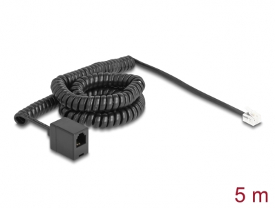 Delock Telephone Cable / Coiled Cable RJ11 plug to RJ11 jack black 5 m