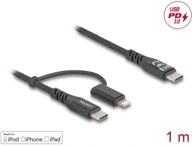 Delock USB Cable 2 in 1 USB Type-C™ to USB Type-C™ / Lightning™ for iPhone™ and iPad™ 1 m MFi 60 W