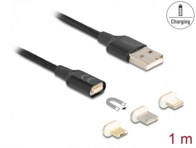 Delock Magnetic USB Charging Cable Set for 8 Pin Lightning™ / Micro USB / USB Type-C™ black 1 m