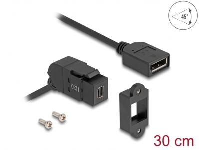 Delock Keystone Module Mini DisplayPort panel mount female to DisplayPort female 45° angled with 30 cm cable 8K 30 Hz black