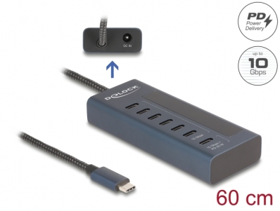 Delock USB 10 Gbps Hub with 7 USB Type-C™ Ports thereof 6 x Data Port + 1 x Data and PD 20 Watt with power indicator