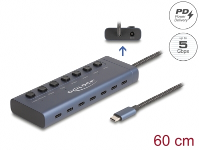 Delock USB 5 Gbps Hub with 7 USB Type-C™ Port with switch thereof 6 x Data Port + 1 x Data and PD 20 Watt