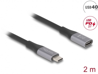 Delock USB 40 Gbps Extension Cable USB Type-C™ male to female PD 3.1 240 W 2 m grey metal