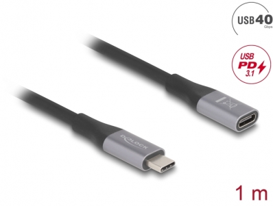 Delock USB 40 Gbps Extension Cable USB Type-C™ male to female PD 3.1 240 W 1 m grey metal