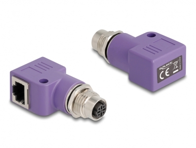 Delock M12 Adapter D-coded 4 pin female to RJ45 jack Cat.5e with mounting hole 90° angled violet