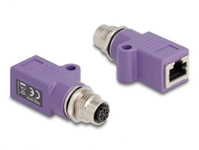 Delock M12 Adapter D-coded 4 pin female to RJ45 jack Cat.5e with mounting hole straight violet