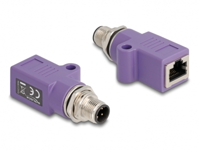 Delock M12 Adapter D-coded 4 pin male to RJ45 jack Cat.5e with mounting hole straight violet