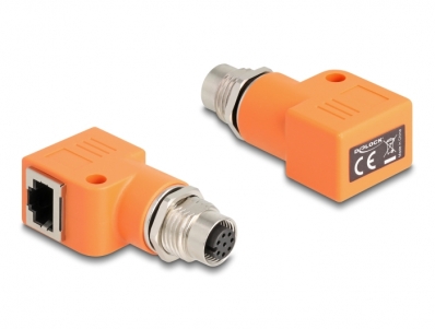 Delock M12 Adapter A-coded 8 pin female to RJ45 jack Cat.5e with mounting hole 90° angled orange