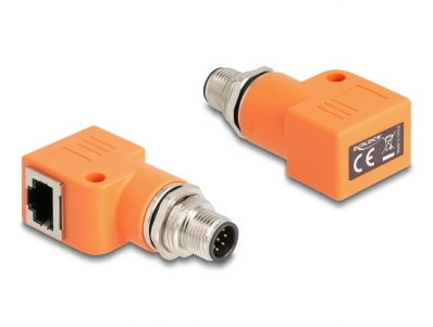 Delock M12 Adapter A-coded 8 pin male to RJ45 jack Cat.5e with mounting hole 90° angled orange