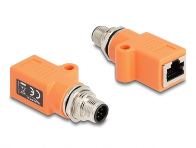 Delock M12 Adapter A-coded 8 pin male to RJ45 jack Cat.5e with mounting hole straight orange