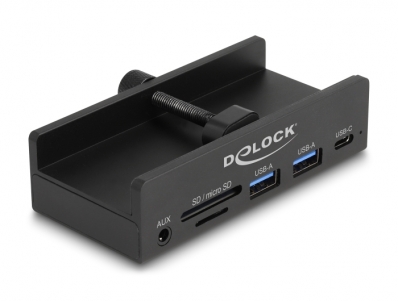 Delock External USB 5 Gbps 3 Port Hub 2 x USB Type-A, 1 x USB Type-C™ and 2 Slot Card Reader with Locking Screw