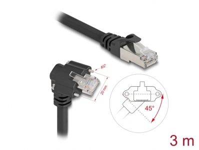 Delock GigE Camera Cable RJ45 plug 45° rotated and 90° angled with screws to RJ45 plug Cat.6 S/FTP 3 m black