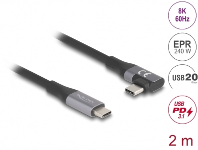 Delock USB 20 Gbps cable angled left / right USB PD 3.1 Extended Power Range 240 W 2 m