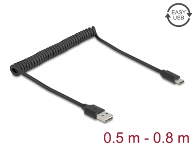 Delock Coiled Cable EASY-USB 2.0 Type-A male to USB Type-C™ male 0.5 m to 0.8 m black