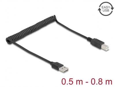 Delock Coiled Cable EASY-USB 2.0 Type-A male to USB Type-B male 0.5 m to 0.8 m black