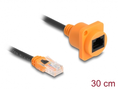 Delock D-Type RJ45 cable plug to jack Cat.5e UTP orange / black 30 cm