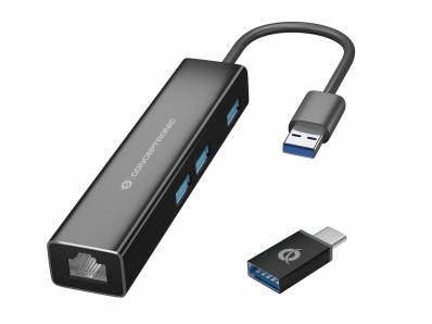 CONCEPTRONIC Adapter USB3.0-> RJ45,3xUSB3.0,TypC Ad 0.15m sw